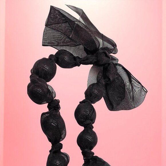 Black Netted Bead Necklace with Ribbon Tie Lightweight Statement Layering Piece - Picture 3 of 7